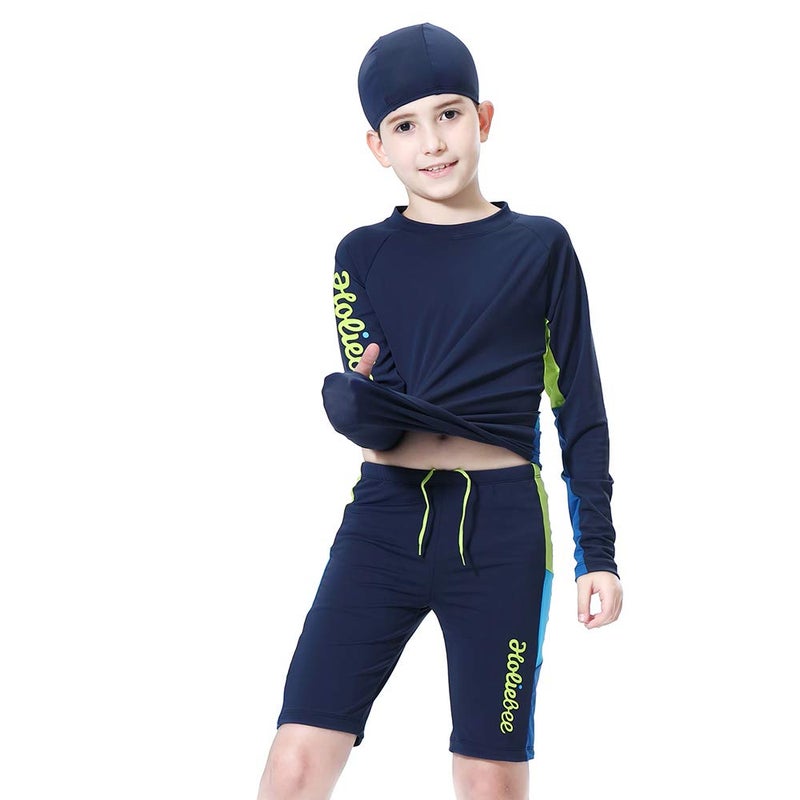 KID1234 Boys Swimsuits Rash Guard Bathing Suit Long Sleeve Swim Sets 2 Piece Swimsuits for Boys Size 5-14 Years Dark Blue - Image 2